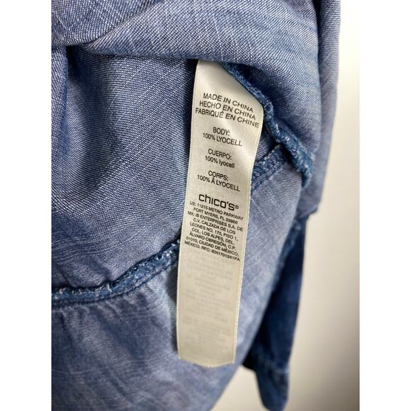 Chico's Blue Chambray Denim Printed Button Down Top Women's Size 0 Small S - Picture 7 of 9